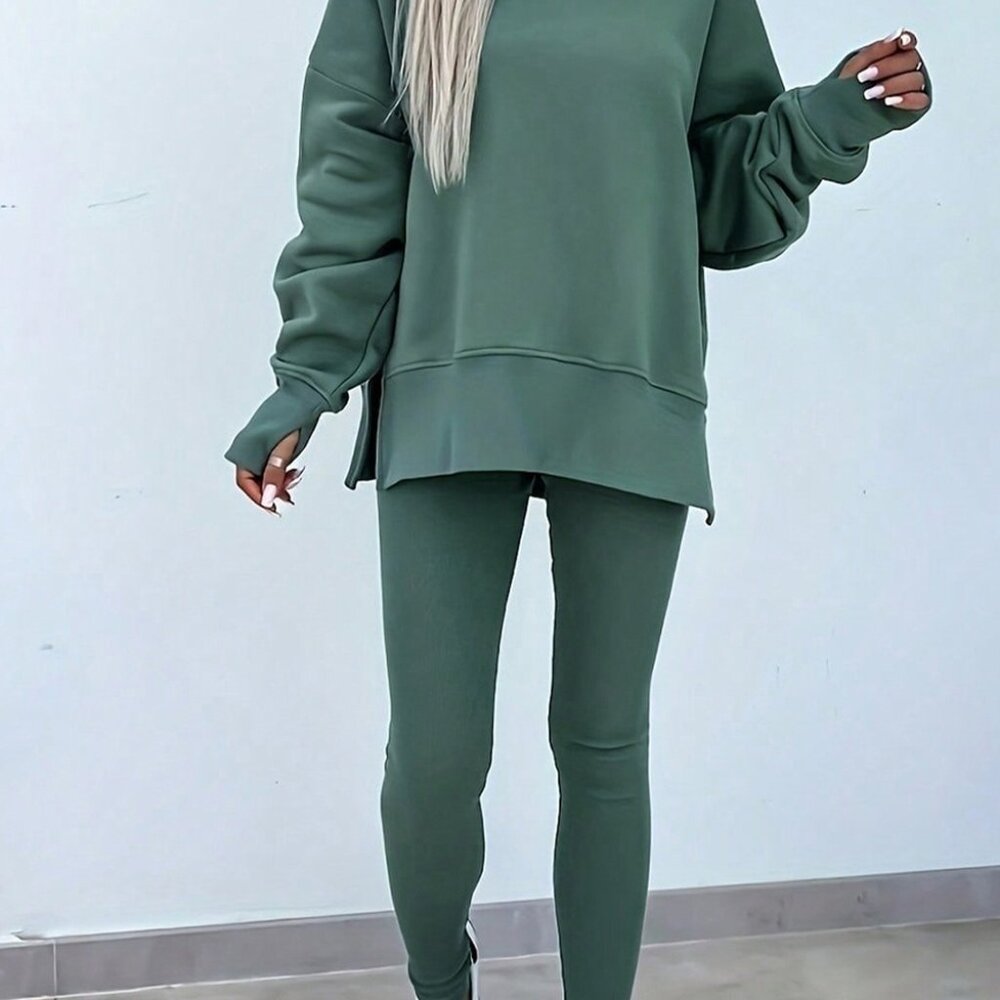 B327 Green Bay Solid color Oversize Slit Sweatshirt and Ribbed Leggings 2 pc Set